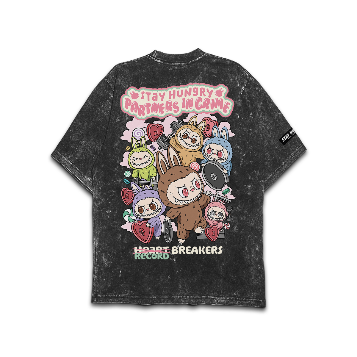 PARTNERS IN CRIME (LABUBU) - Premium Oversize Tee (HEAVYWEIGHT - Black Acid Wash)