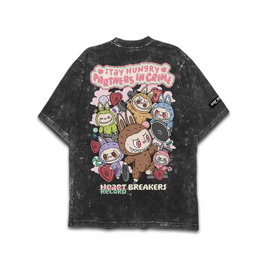 PARTNERS IN CRIME (LABUBU) - Premium Oversize Tee (HEAVYWEIGHT - Black Acid Wash)
