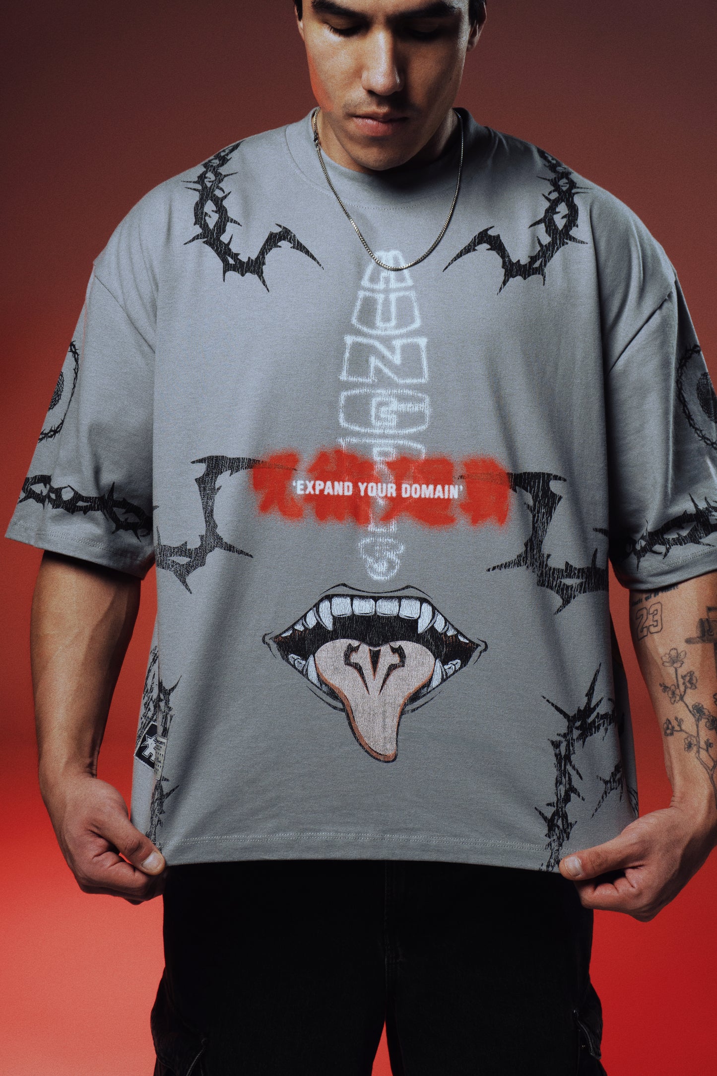 EXPAND YOUR DOMAIN - MALEVOLENT SHRINE - Premium Oversize Tee (HEAVYWEIGHT - Shark Gray)
