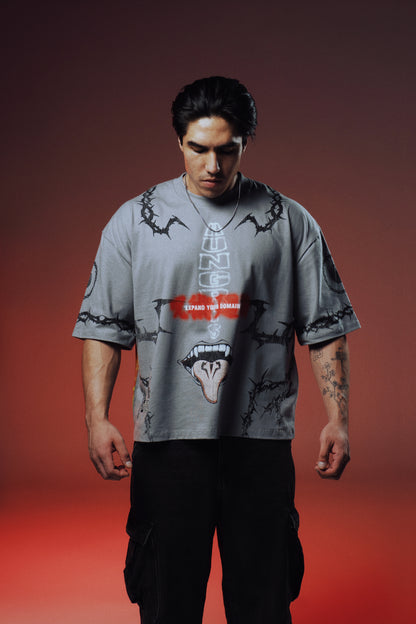 EXPAND YOUR DOMAIN - MALEVOLENT SHRINE - Premium Oversize Tee (HEAVYWEIGHT - Shark Gray)