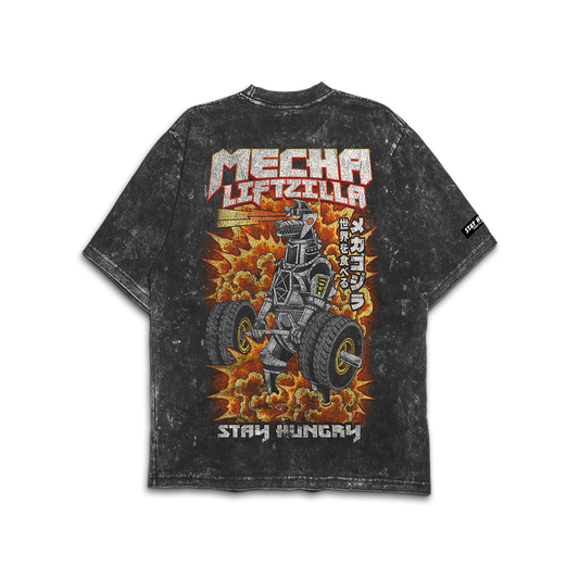 MECHA LIFTZILLA - Premium Oversize Tee (HEAVYWEIGHT - Black Acid Wash - W/Destructions)