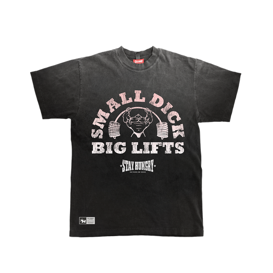 SMALL DICK, BIG LIFTS - Premium Oversize Tee (HEAVYWEIGHT - Black Sun Fade)