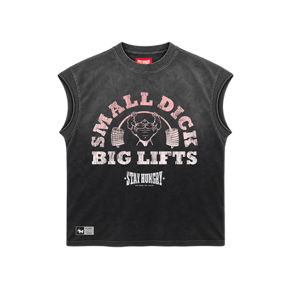SMALL DICK, BIG LIFTS - Premium Oversize Tank Cut-Off (HEAVYWEIGHT - Black Sun Fade)