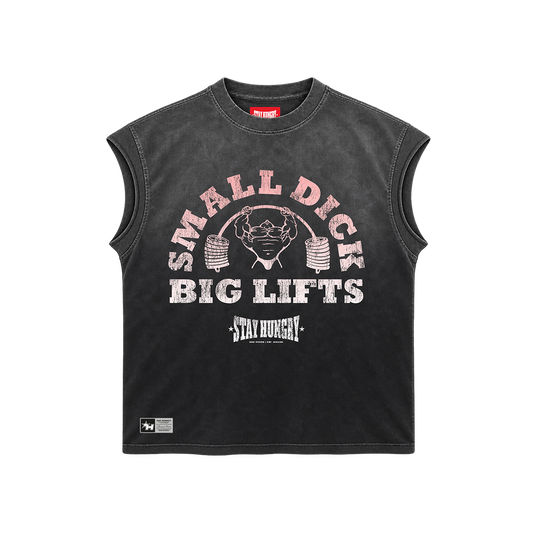 SMALL DICK, BIG LIFTS - Premium Oversize Tank Cut-Off (HEAVYWEIGHT - Black Sun Fade)